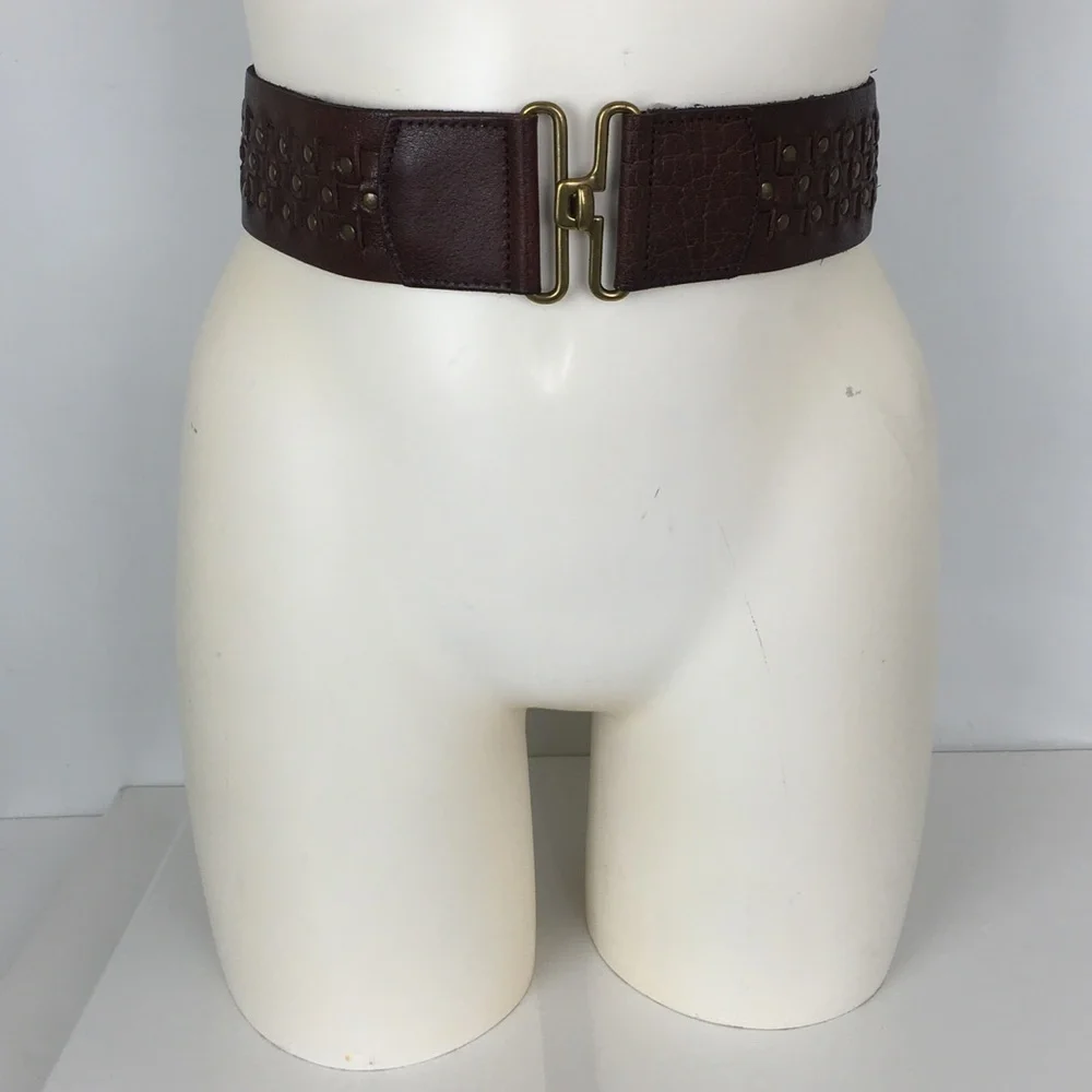Wide Boho Woven Leather Stretchy Belt Brown with Brass Studs Women’s Size L/XL